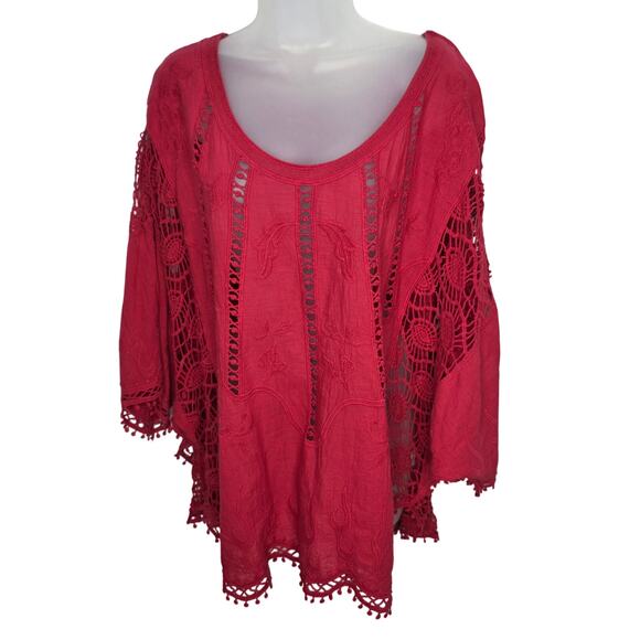 Coco + Carmen Red Boho Embroidered Short Sleeve Relaxed Fit Batwing Blouse XXL - Picture 1 of 12